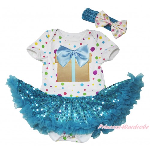 White Rainbow Dots Baby Bodysuit Bling Light Blue Sequins Pettiskirt & Light Blue Bow Birthday Gift Print JS4580