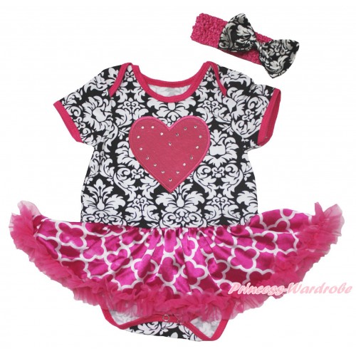 Valentine's Day Damask Baby Bodysuit Hot Pink White Quatrefoil Clover Pettiskirt & Hot Pink Heart Print JS4584