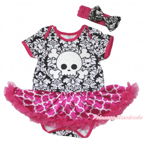 Halloween Damask Baby Bodysuit Hot Pink White Quatrefoil Clover Pettiskirt & White Skeleton Print JS4585