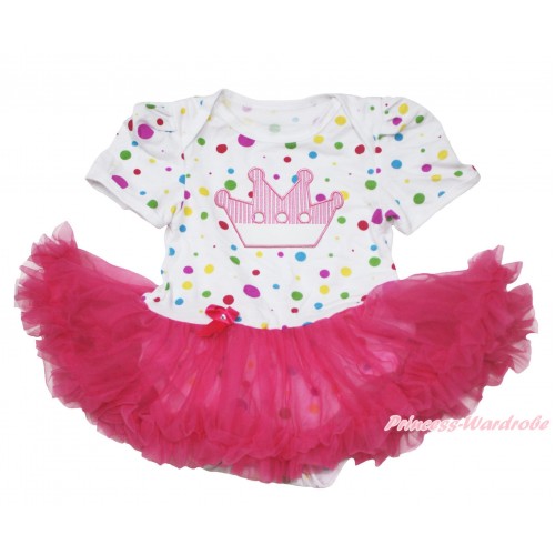 White Rainbow Dots Baby Jumpsuit Hot Pink Pettiskirt with Crown Print JS110 