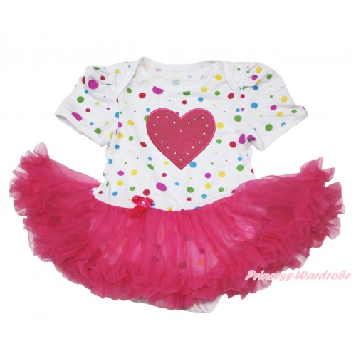 White Rainbow Dots Baby Jumpsuit Hot Pink Pettiskirt with Hot Pink Heart Print JS112 