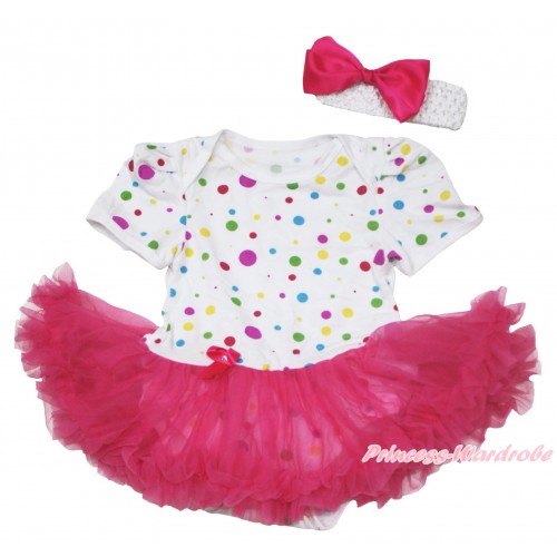 White Rainbow Dots Baby Jumpsuit Hot Pink Pettiskirt With White Headband Hot Pink Silk Bow JS115 