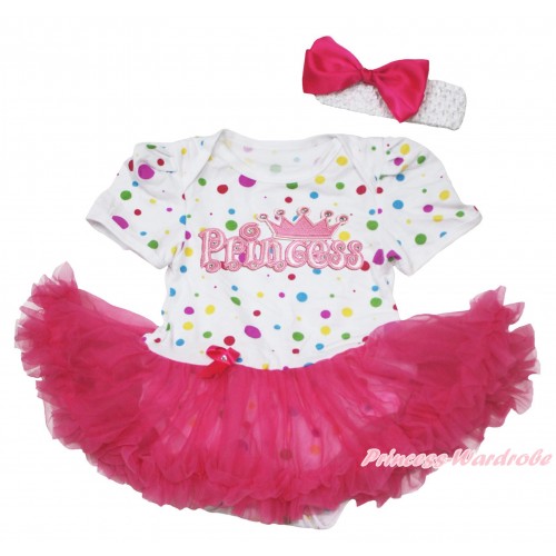 White Rainbow Dots Baby Jumpsuit Hot Pink Pettiskirt With Princess Print With White Headband Hot Pink Ribbon Bow JS119 