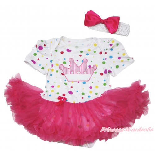 White Rainbow Dots Baby Jumpsuit Hot Pink Pettiskirt With Crown Print With White Headband Hot Pink Ribbon Bow JS120 