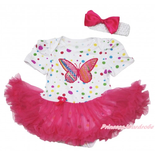 White Rainbow Dots Baby Jumpsuit Hot Pink Pettiskirt With Rainbow Butterfly Print With White Headband Hot Pink Ribbon Bow JS121 