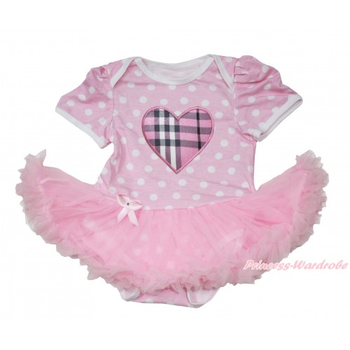 Light Pink White Polka Dots Baby Jumpsuit Light Pink Pettiskirt with Light Pink Checked Heart Print JS163 