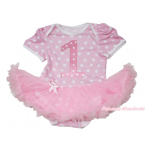Light Pink White Polka Dots Baby Jumpsuit Light Pink Pettiskirt with 1st Light Pink White Dots Birthday Number Print JS164 