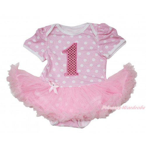 Light Pink White Polka Dots Baby Jumpsuit Light Pink Pettiskirt with 1st Sparkle Light Pink Birthday Number Print JS165 
