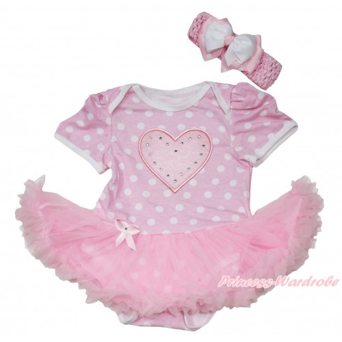 Light Pink White Polka Dots Baby Jumpsuit Light Pink Pettiskirt With Light Pink Heart Print With Light Pink Headband White & Light Pink White Dots Ribbon Bow JS188 