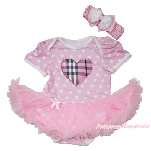 Light Pink White Polka Dots Baby Jumpsuit Light Pink Pettiskirt With Light Pink Checked Heart Print With Light Pink Headband White & Light Pink White Dots Ribbon Bow JS194 
