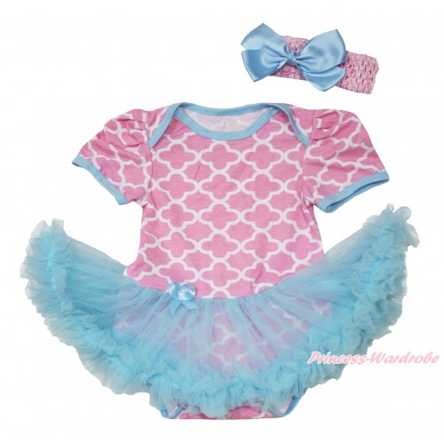 Light Pink White Quatrefoil Clover Baby Bodysuit Light Blue Pettiskirt JS4590