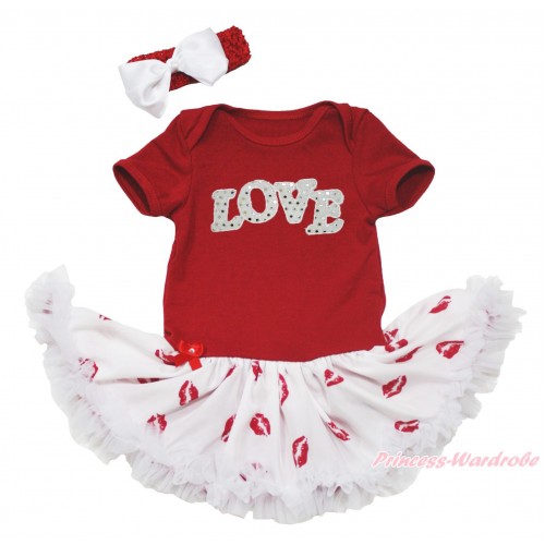 Valentine's Day Red Baby Bodysuit Red Lips Pettiskirt & Sparkle White LOVE Print JS4595