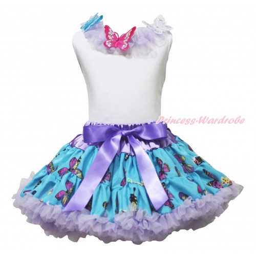 White Tank Top Lavender Lacing & 3D Sparkle Blue Hot Pink White Butterfly & Peacock Blue Butterfly Pettiskirt MG1754