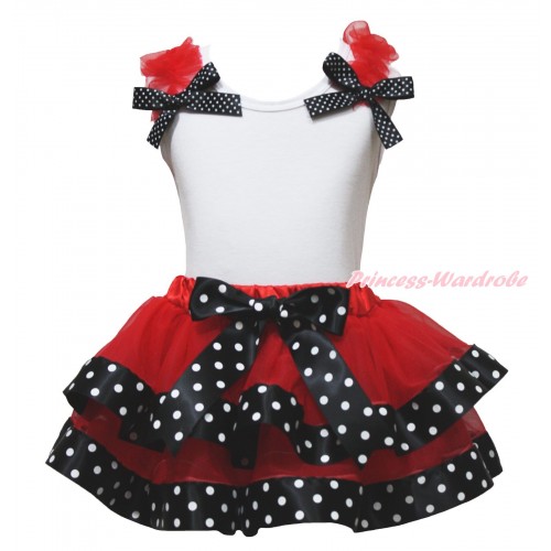 White Tank Top Red Ruffles Black White Dots Bows & Red Black White Dots Trimmed Pettiskirt MG1756