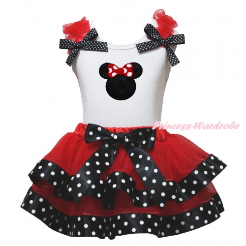 White Tank Top Red Ruffles Black White Dot Bow & Red Minnie Print & Red Black White Dots Trimmed Pettiskirt MG1761