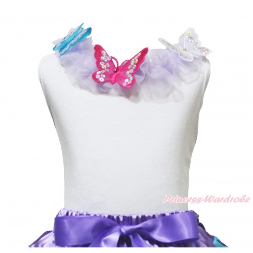 White Tank Top Lavender Chiffon Lacing & 3D Sparkle Blue Hot Pink White Butterfly TB1233