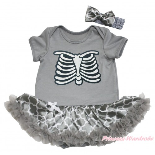 Halloween Grey Baby Bodysuit Grey White Quatrefoil Clover Pettiskirt & Skeleton Rib Print JS4615