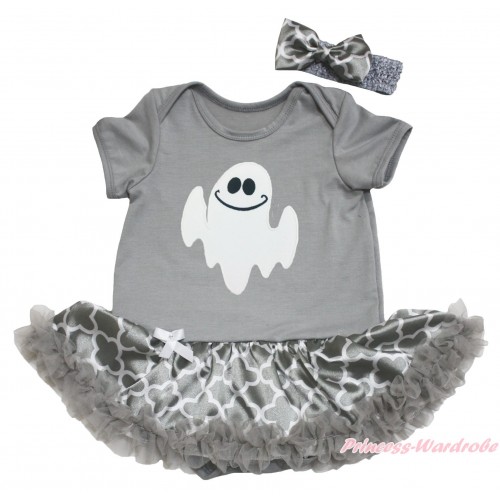 Halloween Grey Baby Bodysuit Grey White Quatrefoil Clover Pettiskirt & White Ghost Print JS4618