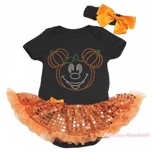 Halloween Black Baby Bodysuit Bling Orange Sequins Pettiskirt & Sparkle Rhinestone Pumpkin Minnie Print JS4628