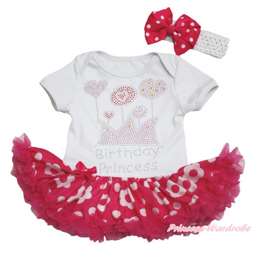 White Baby Bodysuit Hot Pink White Flower Pettiskirt & Sparkle Rhinestone Birthday Princess Print JS4637