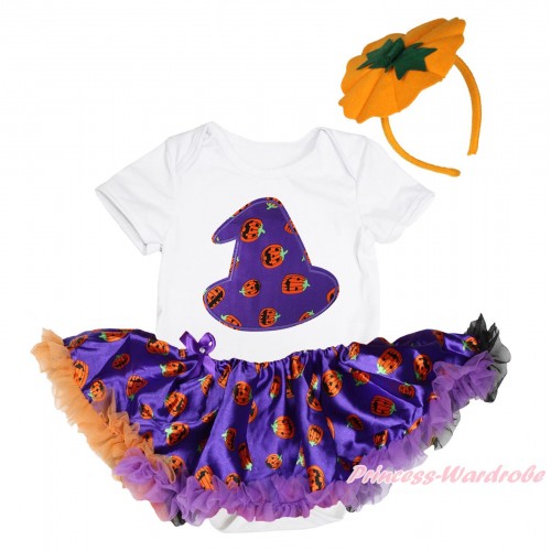 Halloween White Baby Bodysuit Purple Pumpkin Pettiskirt & Purple Pumpkin Hat Print JS4640