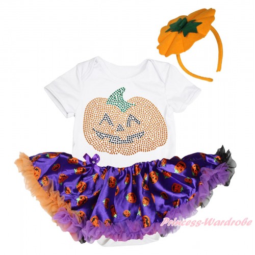 Halloween White Baby Bodysuit Purple Pumpkin Pettiskirt & Sparkle Rhinestone Pumpkin Print JS4641