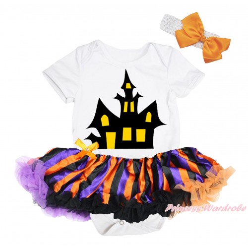 Halloween White Baby Bodysuit Orange Purple Black Striped Pettiskirt & Haunted House Print JS4643