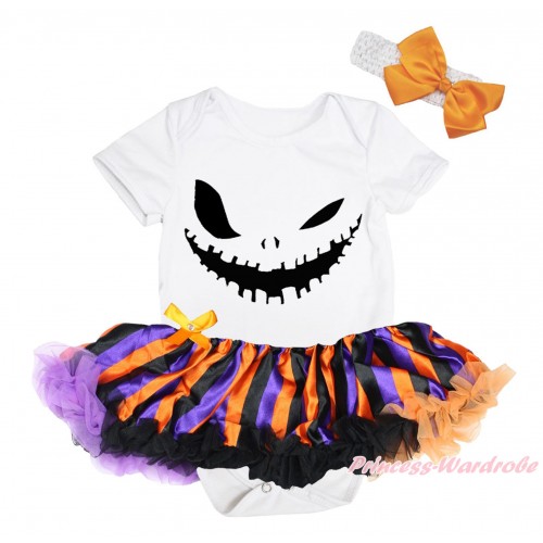 Halloween White Baby Bodysuit Orange Purple Black Striped Pettiskirt & Ghost Face Print JS4645