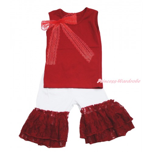 Red Tank Top Lace Bow & White Cotton Short Pantie & Red Lace Ruffles P045