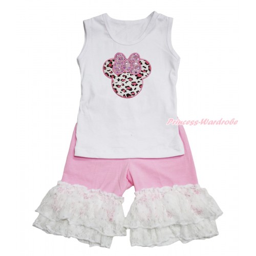 White Tank Top Light Pink Leopard Minnie Print & Light Pink Cotton Short Pantie & White Lace Ruffles P048