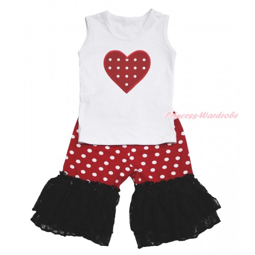 Valentine's Day White Tank Top Red White Dots Heart Print & Minnie Cotton Short Pantie & Black Lace Ruffles P052