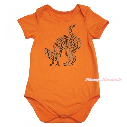 Halloween Orange Baby Jumpsuit & Sparkle Rhinestone Black Cat Print TH616