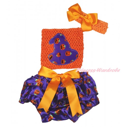 Halloween Orange Big Bow Dark Purple Pumpkin Satin Bloomer ,Purple Pumpkin Hat Print Orange Crochet Tube Top,Orange Headband Silk Bow 3PC Set CT709