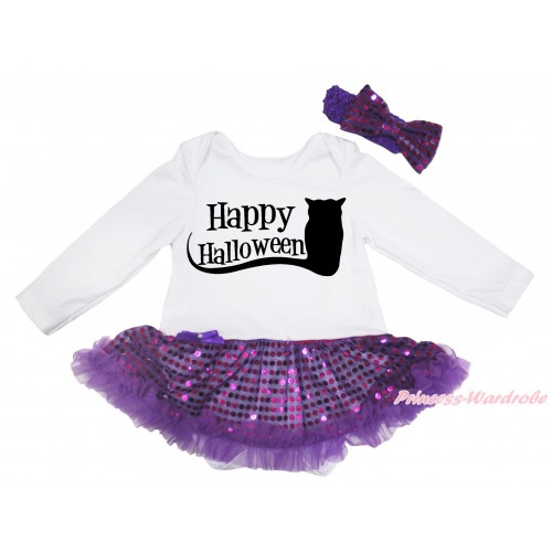 Halloween White Long Sleeve Bodysuit Bling Dark Purple Sequins Pettiskirt & Happy Halloween Owl Print JS4656