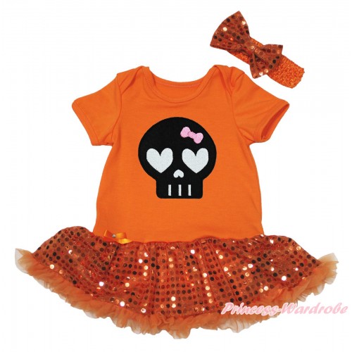 Halloween Orange Baby Bodysuit Bling Orange Sequins Pettiskirt & Black Skeleton Print JS4665