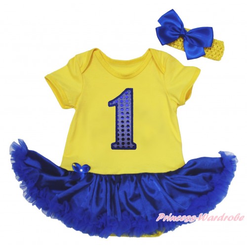 Yellow Baby Bodysuit Royal Blue Satin Pettiskirt & 1st Sparkle Royal Blue Birthday Number Print JS4670