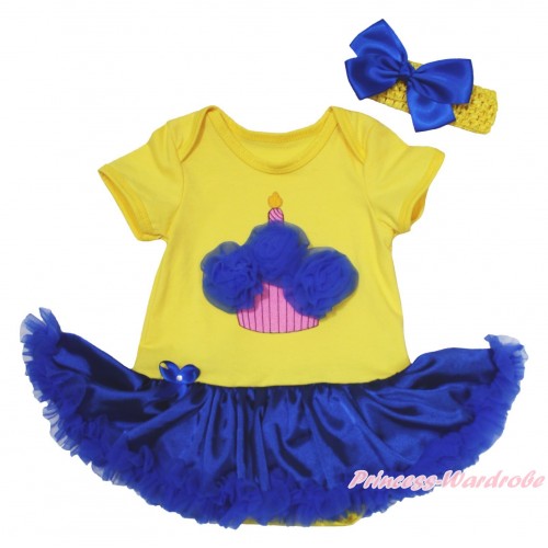 Yellow Baby Bodysuit Royal Blue Satin Pettiskirt & Royal Blue Rosettes Birthday Cake Print JS4672