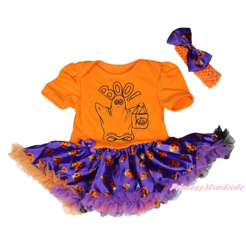 Halloween Orange Baby Bodysuit Purple Pumpkin Pettiskirt & BOO! Print JS4679