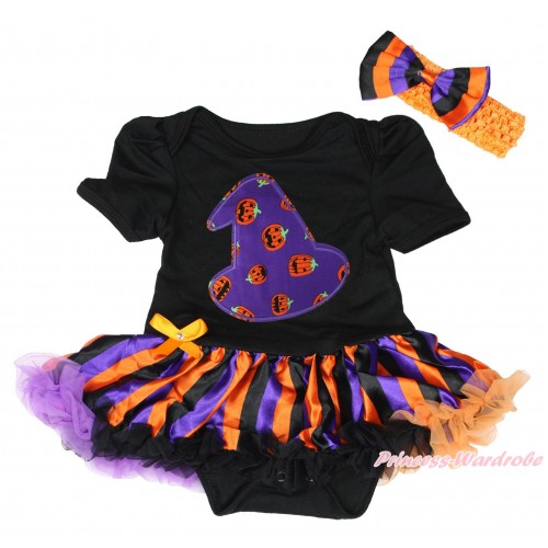 Halloween Black Baby Bodysuit Orange Purple Black Striped Pettiskirt & Purple Pumpkin Hat Print JS4680