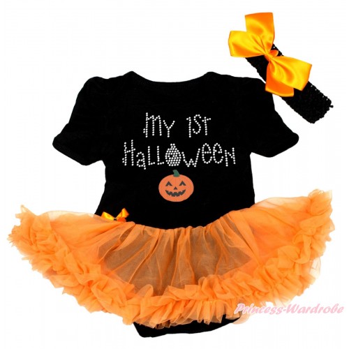 Halloween Black Baby Bodysuit Orange Pettiskirt & Sparkle Rhinestone My 1st Halloween Pumpkin Print JS4681