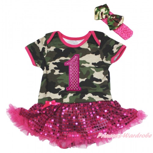 Camouflage Baby Bodysuit Bling Hot Pink Sequins Pettiskirt & 1st Sparkle Hot Pink Birthday Number Print JS4691