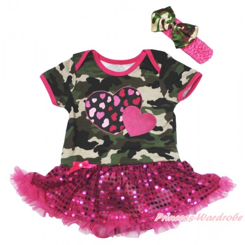 Valentine's Day Camouflage Baby Bodysuit Bling Hot Pink Sequins Pettiskirt & Hot Pink Sweet Twin Heart Print JS4692