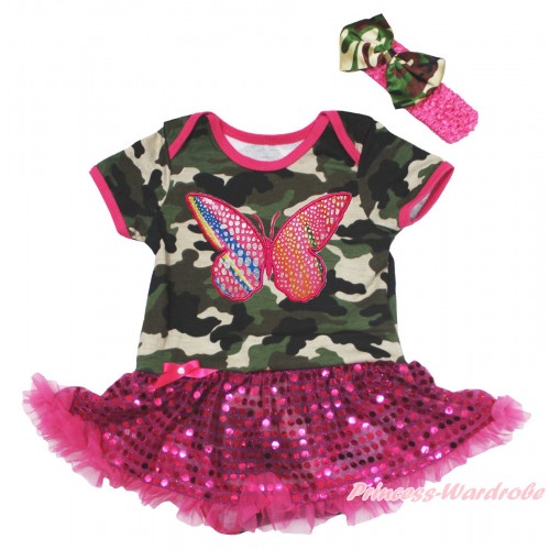 Camouflage Baby Bodysuit Bling Hot Pink Sequins Pettiskirt & Rainbow Butterfly Print JS4693
