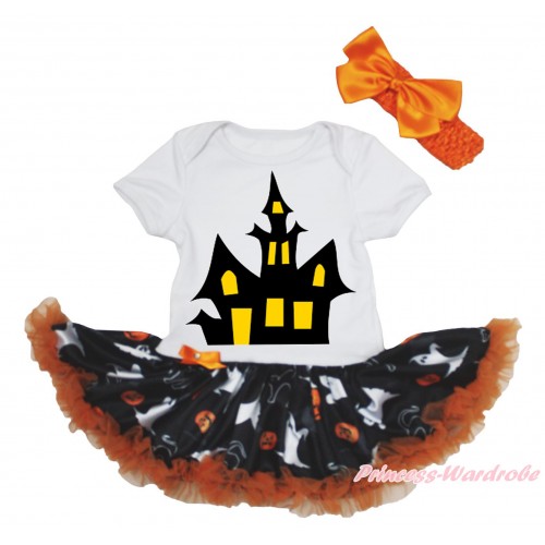 Halloween White Baby Bodysuit Ghost Pumpkin Pettiskirt & Haunted House Print JS4697