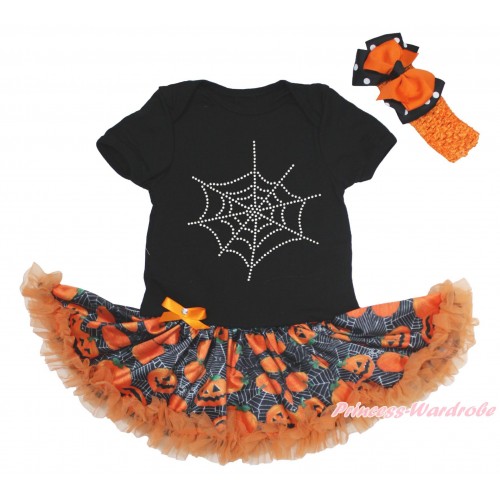 Halloween Black Baby Bodysuit Spider Web Pumpkin Pettiskirt & Sparkle Rhinestone Spider Web Print JS4704