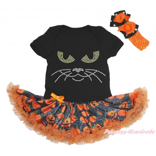 Halloween Black Baby Bodysuit Spider Web Pumpkin Pettiskirt & Sparkle Rhinestone Black Cat Face Print JS4705