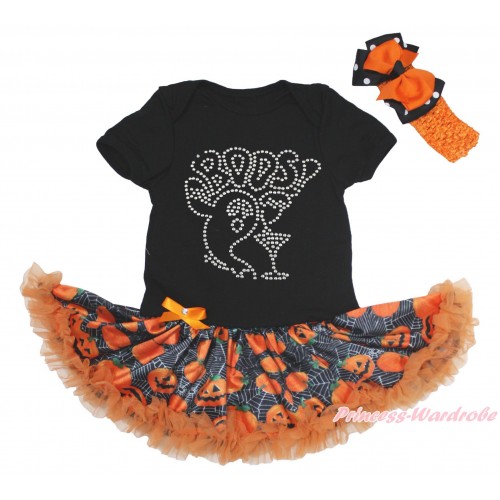 Halloween Black Baby Bodysuit Spider Web Pumpkin Pettiskirt & Sparkle Rhinestone BOOS! Print JS4706