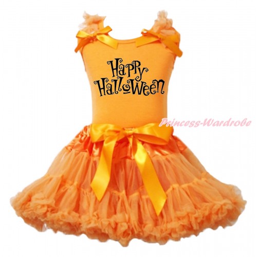 Halloween Orange Tank Top Orange Ruffles & Bow & Happy Halloween Print & Orange Pettiskirt MG1775