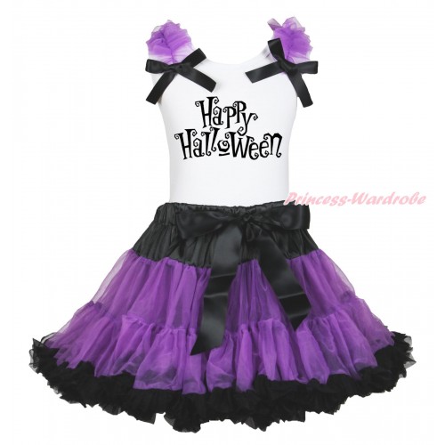 Halloween White Tank Top Dark Purple Ruffles Black Bow & Happy Halloween Print & Dark Purple Black Pettiskirt MG1794