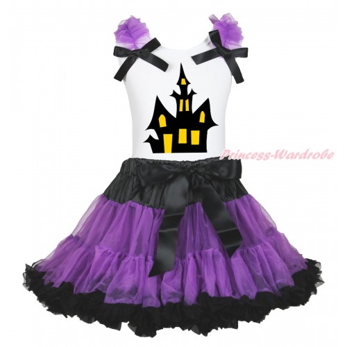 Halloween White Tank Top Dark Purple Ruffles Black Bow & Haunted House Print & Dark Purple Black Pettiskirt MG1795